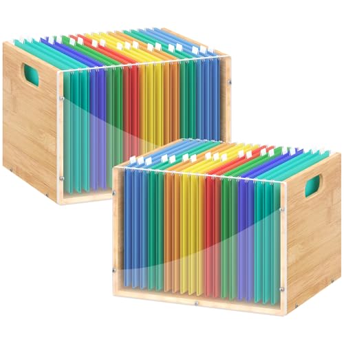 Sbanmao 2 Pack Hanging File Organizer, Clear Acrylic File Box Organizer, Bamboo Filing Box File Crate Storage Boxes, Portable Filing Organizer with Handle for Letter Size - color: 2 Pack, size: Letter Size