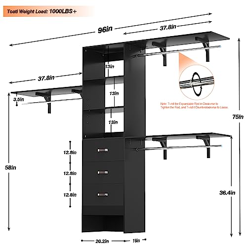 Armocity 96 Inches Closet System, 8FT Walk In Closet Organizer with 3 Shelving Towers, Heavy Duty Clothes Rack with 3 Drawers, Built-In Garment Rack, 96" L x 16" W x 75" H, Max Load 1000 LBS, Black - color: Black