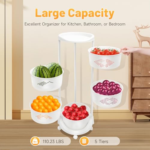 Multi-Layer Kitchen Storage Basket 5Tier Rotating Vegetable Organizer Cart with Casters Detachable Rolling Living Room Standing Rack with Shelve for Bathroom,110 lbs Bearing,14.3*36.2in (5Tier-White) - size: 5Tier-White
