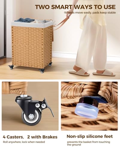 Greenstell Laundry Hamper with Wheels, No Install Needed, 90L Divided Handwoven Hampers & 2 Removable Liner Bags, Synthetic Rattan Clothes Laundry Basket with Lid & Handles, Foldable Hampers Natural - color: Natural, size: 90L: 18.3x13.5x26.4 Inches