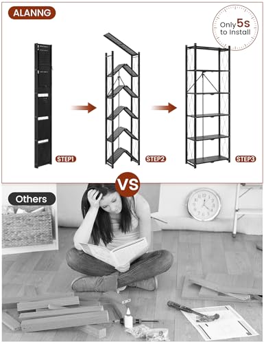 ALANNG 73.6 Inch Folding Bookshelf, 6 Tier Metal Bookcase and Bookshelves, Tall Shelves for Living Room Office Bedroom, Heavy Duty Book Shelve Free Standing Open (Black, 1PACK) - color: Black