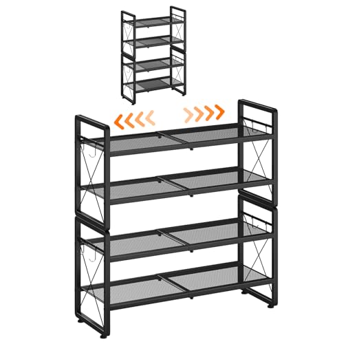 ELYKEN Shoe Rack, 4-Tier Expandable Shoe Organizer for Entryway, Metal Black Shoe Shelf with 4 Hooks, Adjustable Shoe Stand Holder for Closet, Garage, Door Entrance - size: 4-Tier