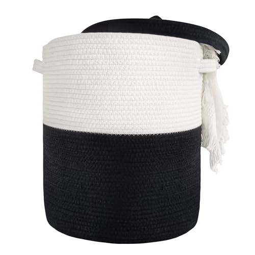 Large Storage Basket with Lid 60L, 16"Wx18"H Woven Laundry Hamper Basket with Handle, Room Decor Cotton Rope Wicker Basket Toy Organizer Bins for Clothes Blankets Pillows, Black/White Mix includes Lid - color: Black/White Mix-16"Wx18"H