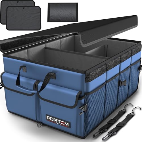 FORTEM Car Boot Organiser, Collapsible Multi Compartment SUV Organizer, Foldable Storage for Car Accessories for Women Men, 600D Oxford, Non Slip Bottom, Securing Straps, Soft Cover (50L) - color: Blue, size: Medium (50L)