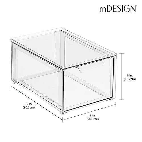 mDesign Plastic Stackable Bathroom Storage with Pull Out Bin Organizer Drawer for Cabinet, Vanity, Shelf, Cupboard, Cabinet, or Closet Organization - Lumiere Collection - 2 Pack - Clear - size: 8 x 12 x 6 (Pack of 2)