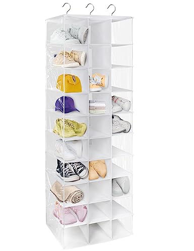 coastal rose Hanging Shoe Closet Organizer, 30 Sections Hanging Closet Organizers and Storage Shelves with 6 Mesh Pockets, Space Saving Shoe Rack Holder Hanger, White - color: White