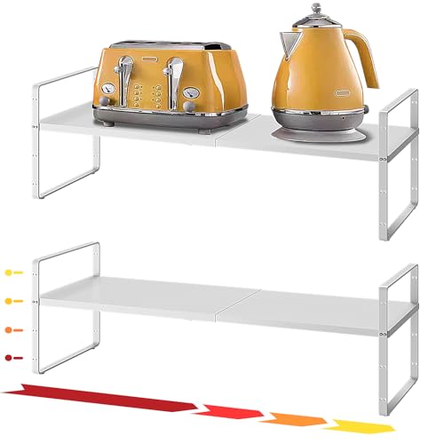 16.5~27.1" Expandable Shelf Organizer, 2Pack 8.1" Wide Stackable Cabinet Shelf Organizers, White Metal Sturdy Kitchen Counter Storage for Countertop, Adjustable Height Spice Rack - color: White, size: 2Pack-8''W-Holeless