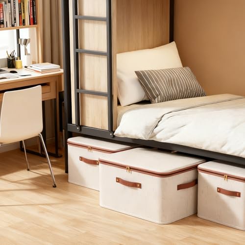 Tuza 3 Pcs Rigid Storage Bins with Zipper Lid, Cotton Linen Fabric Storage Boxes, Foldable Shelves Clothes Storage Cubes with Handles for Wardrobe, Closet(Beige, 56L) - size: XXL-56L