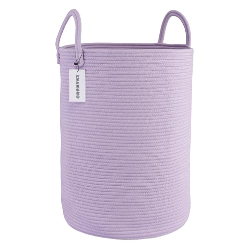 XUANGUO Cotton Rope Laundry Basket Hamper for Clothes Woven Storage Basket for Living Room Bedroom Boho Tall Rope Baskets for Blanket Toys Pillow Towels Baby Nursery Hamper Bin Large purple - color: light purple, size: Large