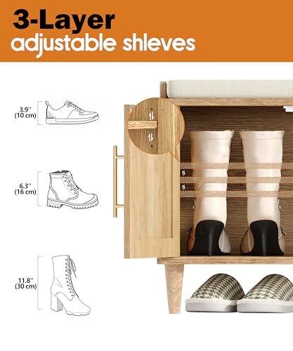 Akxomel Rattan Shoe Storage Bench with Cushion, 2-Tier Entryway Bench with Adjustable Shelves and 4 Doors, 15" D x 47.2" W x 20" H, Solid Wood Legs, for Hallway, Living Room, Bedroom, Natural Oak - size: 15"D x 47.2"W x 20"H