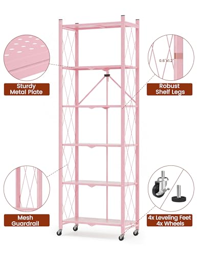 ALANNG 73.6 Inch Folding Bookshelf, 6 Tier Metal Bookcase and Bookshelves, Tall Shelves for Living Room Office Bedroom, Heavy Duty Book Shelve Free Standing Open (Pink, 1PACK) - color: Pink