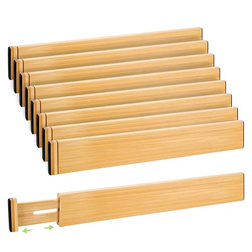 Fyvva Drawer Divider, Adjustable Bamboo Kitchen Drawer Organizer, Spring Loaded Drawer Organizer, Dresser Separators for Kitchen, Bathroom, Clothes, Office Desk Storage (Natural, 8 Pack Large) - size: 8 Pack Large