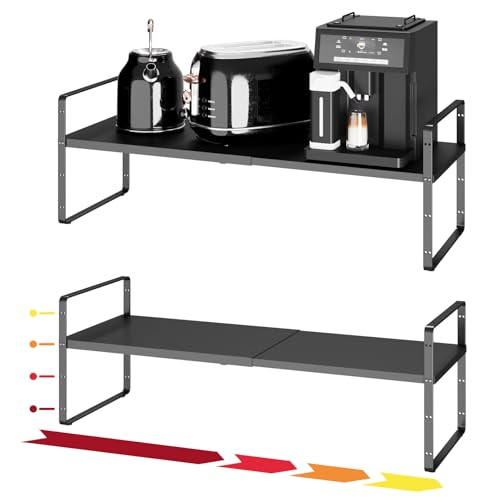 16.5~27.1" Expandable Shelf Organizer, 2Pack 10.2" Wide Stackable Cabinet Shelf Organizers, Black Metal Sturdy Kitchen Counter Storage for Countertop, Adjustable Height Spice Rack - color: Black, size: 2Pack-10.2''W-Holeless