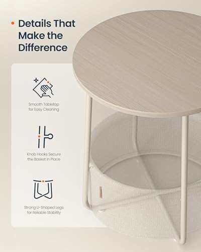 SONGMICS HOME Small Side Tables, Round End Tables, 2 Tier Nightstands with Basket, U Shaped Steel Legs, Easy Assembly, for Living Room, Bedroom, Set of 2, Beige and White - color: Beige + White, size: 2 pack