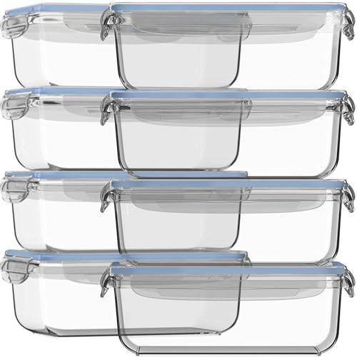 Razab 16 Pc (Set of 8) 30 Oz Glass Meal Prep Containers with Lids, Airtight Large Glass Food Storage Containers, Reusable Leak Proof BPA Free, Freezer to Oven and Dishwasher Safe - color: Baby Blue