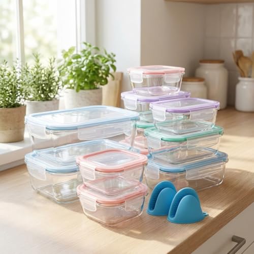 20 Pc Glass Food Storage Containers with Snap Lock Lids, Airtight & Leakproof, Bonus 2 Oven Silicone Gloves, Safe for Dishwasher, Oven, Microwave,Freezer, BPA Free