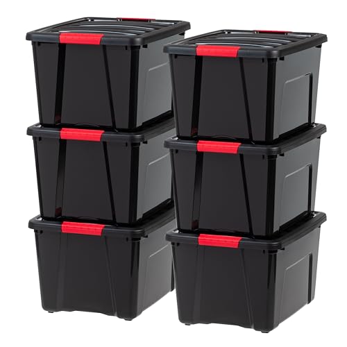 IRIS USA 40 Qt Stackable Plastic Storage Bins with Lids, 6 Pack - BPA-Free, Made in USA - Garage Organizing Solution, Latches, Durable Nestable Containers, Secure Pull Handle - Black - size: 40 Qt, style: 6 Pack