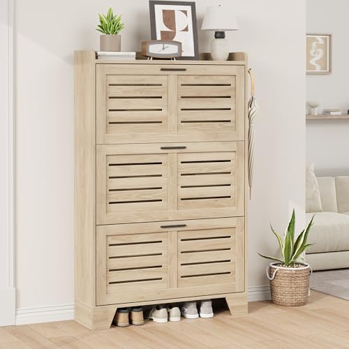 IDEALHOSUE Shoe Cabinet Storage for Entryway, Slim Shoe Storage Cabinet with 3 Flip Drawers, Freestanding Hidden Narrow Shoe Organizer Cabinet with Hooks for Entrance, Foyer, Hallway, Light Oak - color: Light Oak, size: 3-Drawers