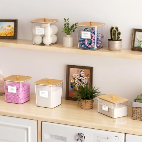 4+1 Pack Laundry Room Organization Containers,Clear Laundry Pods Container,Large Laundry Detergent Powder Storage Containers with Wooden Lids & Labels,Laundry Pods Holder for Scent Booster,Powder,Pods - style: 4+1 Pack