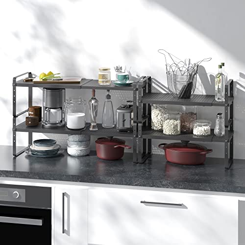 Expandable Cabinet Shelf Organizer Adjustable Metal Spice Rack Stackable Freestanding Counter Storage Shelves for Kitchen Cabinet Under Sink Office Desk (Black - 2Pack - L16.5-27'' * W8'' * H9.6'') - color: Black - 2pack - L16.5-27'' * W8'' * H9.6''