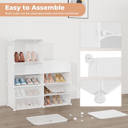 Shoe Rack 8 Tier Shoe Storage Cabinet with Door 32 Pair Tall Shoes Rack Organizer Free Standing Expandable Stable Plastic Easy Assembly Shoes Shelf for Closet Hallway Entryway Bedroom White - size: 24" Wide-32 Pairs