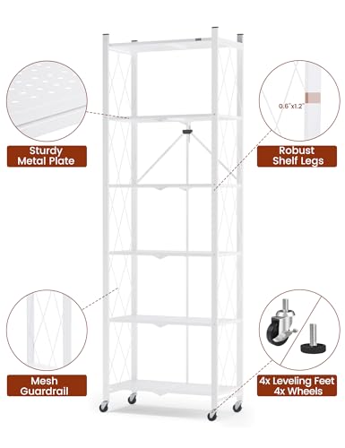 ALANNG 73.6 Inch Folding Bookshelf, 6 Tier Metal Bookcase and Bookshelves, Tall Shelves for Living Room Office Bedroom, Heavy Duty Book Shelve Free Standing Open (White, 1PACK) - color: White