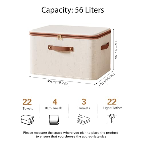 Tuza 3 Pcs Rigid Storage Bins with Zipper Lid, Cotton Linen Fabric Storage Boxes, Foldable Shelves Clothes Storage Cubes with Handles for Wardrobe, Closet(Beige, 56L) - size: XXL-56L
