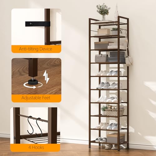 usikey 10 Tiers Narrow Shoe Rack 20-30 Pairs, Sturdy Metal Tall Shoe Rack Shelf with 4 Hooks, Slim Shoe Storage with Metal Shelf, Space Saving Vertical Shoe Organizer for Entryway Bronze UNYXJX018A - color: 10 Tier ( 17.9 X 11 X 69.2 Inches)-bronze