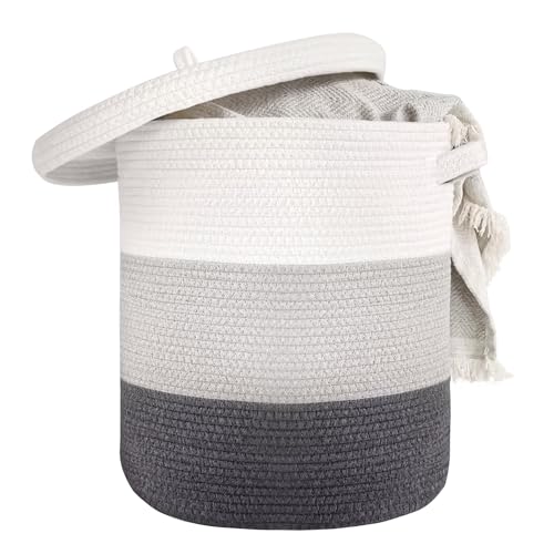 Large Storage Basket with Lid 60L, 16"Wx18"H Woven Laundry Basket with Lid Cotton Laundry Basket, Wicker Basket Blankets Pillows Storage in Living Room Baby Nursery, Dark Gray/Gray/White Mix with Lid - color: Dark Gray/Gray/White Mix-16"Wx18"H