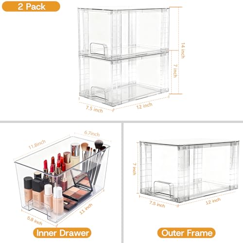 4 Pack Stackable Acrylic Storage Drawers – Clear Plastic Organizer Bins, Easy to Assemble, Suitable for Bathroom, Undersink, Kitchen, Pantry, Makeup, Medicine Organization - size: 4Pack 7"H