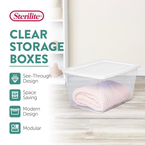 Sterilite 32 Pack Storage Box, 58 Quart Stackable Tote, Clear Plastic Container with Secure Snapping Lids for Home and Office Organization, White - size: 58 Quart, style: 32