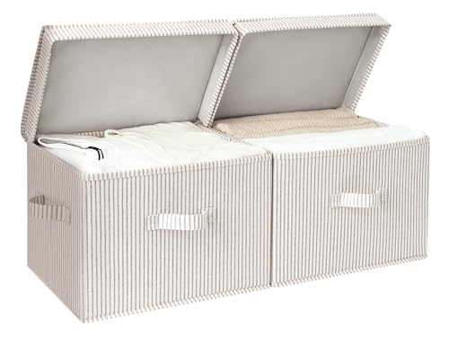 StorageWorks Fabric Storage Bins with Lid, Decorative Storage Boxes for Shelves, Stackable Closet Organizer Basket with Handles, Large, Khaki and Beige Stripes, 2-Pack - color: Khaki and Beige Stripes, size: Large
