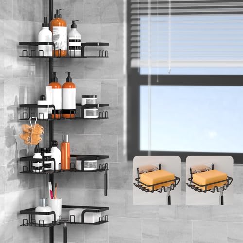 KEGII Shower Caddy Tension Pole – 4-Tier Adjustable Corner Bathroom Organizer Shelves with 2 Soap Holders, Hooks, Floor to Ceiling Storage Rack for Families & Renters, 25-114.2 Inch - style: Tension Caddy with Soap Holder（Black）