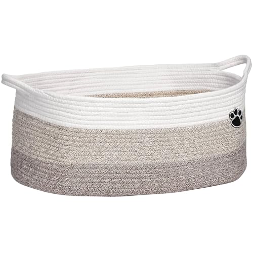 Optish Dog Toy Basket, Toy Box and Bin for Dog Cat Storage, 19.7" X 11" X 7.9" (30L) Large Woven Rope Basket for Blanket Storage, Living Room, Bedroom, White & Brown - color: White-Brown, size: 19.7"L x 11"W x 7.9"H (30L)