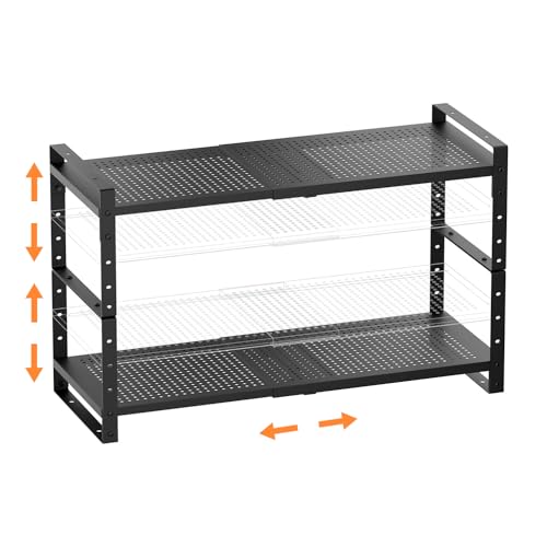 Multi-Functional Metal Shoe Rack,Expandable Adjustable Stackable Kitchen Organizer,Metal Shelf risers for cabinets, Kitchens and Closet, Bathroom(2Packs/Black/Medium) - color: Black, size: 2 PACKS/BLACK/MEDIUM