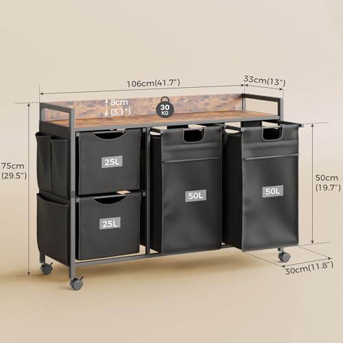 Mondeer Laundry Sorter with 4 Section, 150L Laundry Hamper with Wheels, Laundry Basket with Small Side Pockets and Pull-Out Removable Liners,for Laundry Room Bedroom Bathroom - size: 150L