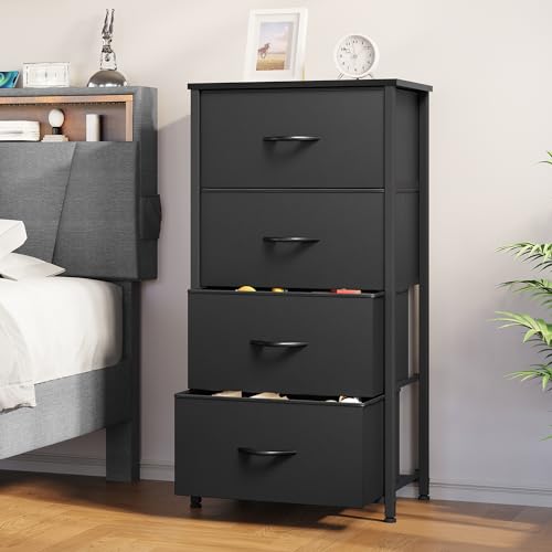 YITAHOME Storage Tower with 4 Drawers - Fabric Dresser, Organizer Unit for Bedroom, Living Room, Closets - Sturdy Steel Frame, Easy Pull Fabric Bins & Wooden Top - color: Cool Black, style: 4-Drawer