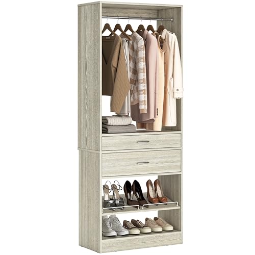 Unikito 25” W x 80'' H Closet System Organizer with Hanging Rod and 2 Wooden Drawers, Adjustable Shoes Rack, Sturdy Garment Racks, Walk-in Closet Tower for Bedroom, Mudroom, and Entryway, White Oak - color: White Oak, size: 25 Inch