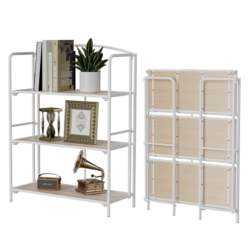 Crofy No Assembly Folding Bookshelf for Living Room, 3 Tier White Collapsible Book Shelf for Home Office, Portable Bookcase Storage Organizer - color: White Frame & White Oak Shelf, size: 3 Tier Wider