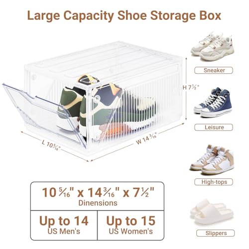 XX-Large Shoe Sneaker Storage Boxes for Size 14, Stackable & Thicken Clear Plastic Shoe Organizers 12 Packs for Entryway Closet Under Bed, Shoe Storage Cabinets Container Display Case w/ Magnetic Door - size: 12 packs