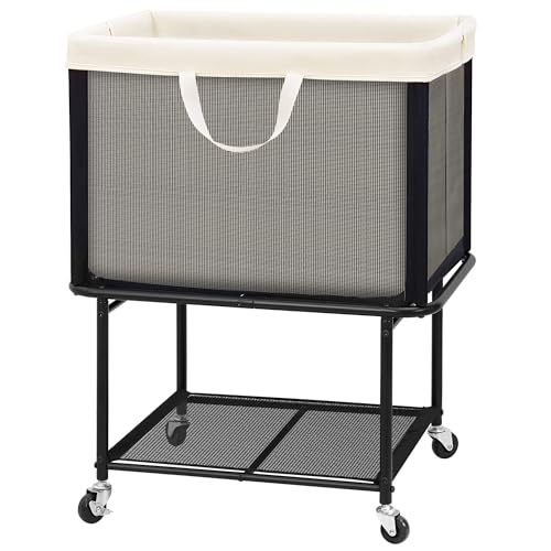 STO STO Rolling Laundry Hamper with Lockable Wheels, 29-Gallon (110L) Laundry Cart with Removable Canvas Bag, 2-Tier Clothes Basket Hamper with Shelf for Closet, Bedroom, Bathroom, Laundry Room