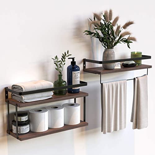 RICHER HOUSE 2+1 Tier Wall Mounted Floating Shelves Set of 2, Rustic Wood Shelf with Metal Frame, Extra Storage Rack for Bathroom, Kitchen, Bedroom with Tissue Rack & Towel Bar - Rustic Brown - color: Rucstic Brown, size: 2+1 Tier Size