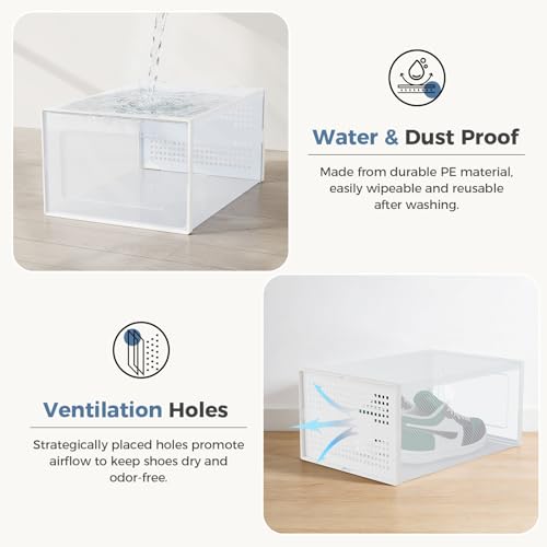 DUMOS Shoe Storage Boxes, 12-Pack Stackable Clear Shoe Containers with Lids, Display Sneaker Case Organizer for Closet, Under Bed, Entryway,White (Fit Size 9)