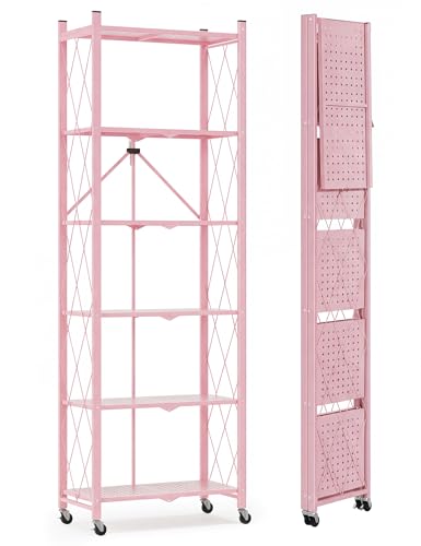 ALANNG 73.6 Inch Folding Bookshelf, 6 Tier Metal Bookcase and Bookshelves, Tall Shelves for Living Room Office Bedroom, Heavy Duty Book Shelve Free Standing Open (Pink, 1PACK) - color: Pink