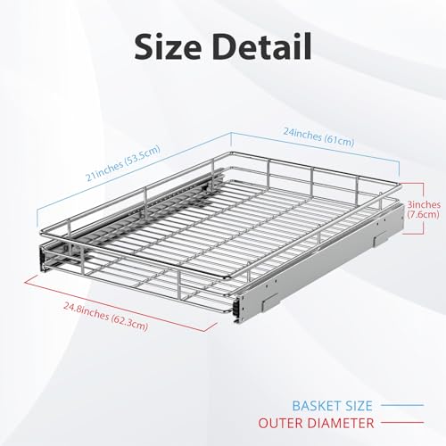 ZOINLIY Pull Out Cabinet Organizer, Versatile Slide Out Kitchen Organizers and Storage,Heavy Duty Drawer Cupboard Storage Basket, Smooth Sliding, Chrome Finish (24.8 * 21inch) - size: 24.8”W x 21”D (Outside Dimensions)