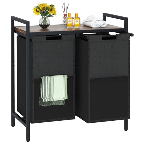 Huhote Laundry Hamper, double Laundry Basket, Laundry Sorter with Top Shelf & 2 Removable Washable Bags & Side Pockets for Laundry Room organization, Bathroom and Dorm, Rustic Brown and Black - color: 2 bags-Black