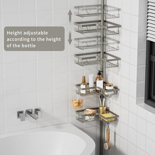 KEGII Shower Caddy Tension Pole, 4-Tier Rustproof Adjustable Corner Bathroom Organizer for Renters, 25–114.2 Inch No Drill Space-Saving Shower Storage Rack, Silver Gray - style: Tension Caddy（Silver Gray）