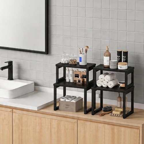 HOOBRO Cabinet Organizer Shelf, Set of 4 Kitchen Counter Shelves, Expandable Kitchen Storage, Stackable Spice Rack, for Kitchen, Countertop, Office Desk, Living Room, Black BK20TLP201 - color: Black