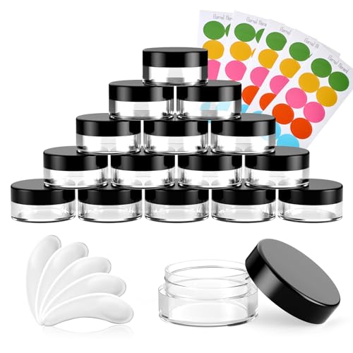 50 Pack 3 Gram Sample Containers with Lids, Small Plastic Cosmetic Jars, Makeup Travel Container Jar for Cream, Bead, Eye Shadow, Jewelry, Lotions, Powders, Glitters Lip Gloss with Labels,Spatulas - color: Black Lid, size: 0.1 Ounce