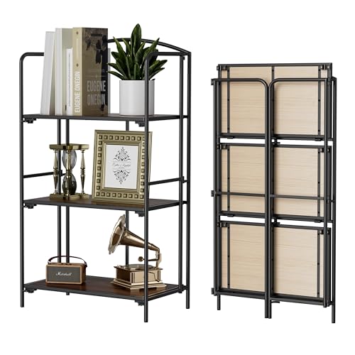 Crofy No Assembly Folding Bookshelf for Living Room, 3 Tier Black Collapsible Book Shelf for Home Office, Portable Bookcase Storage Organizer - color: Black Frame & Walnut Shelf, size: 3 Tier